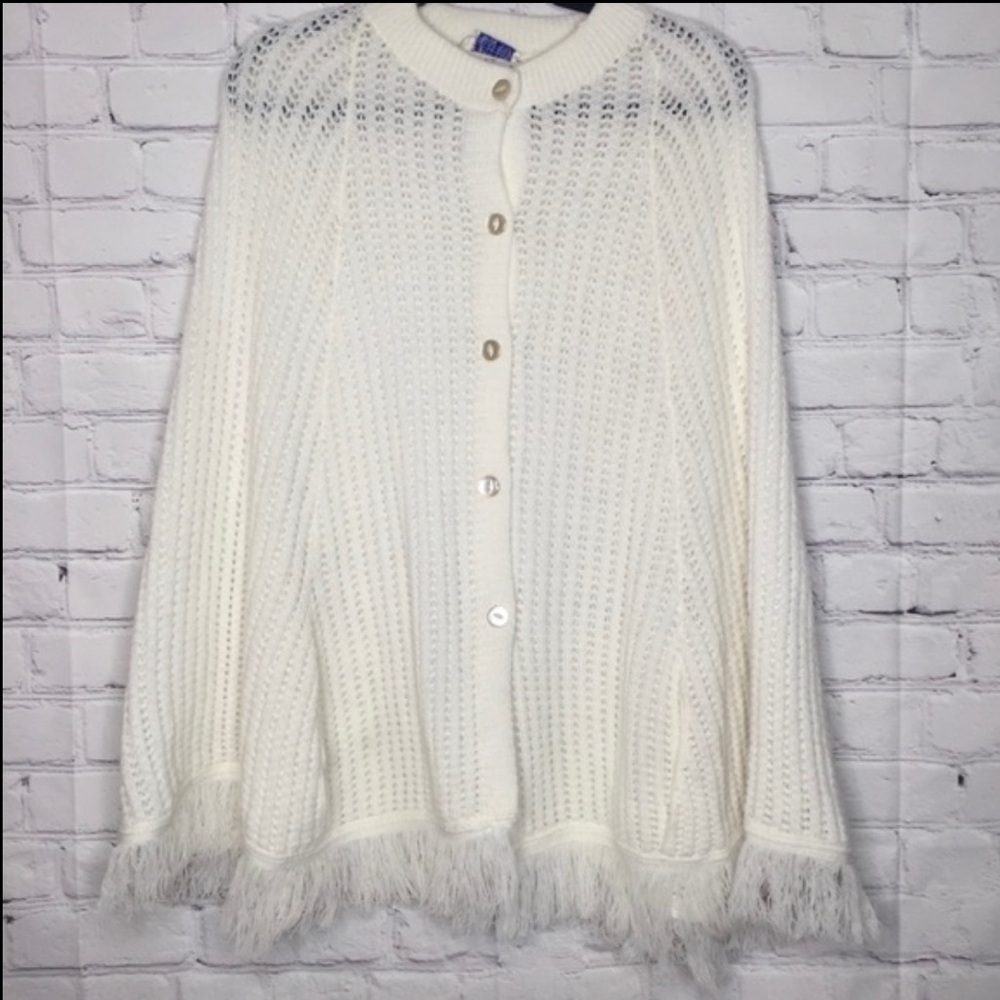 English Village crew neck fringed poncho